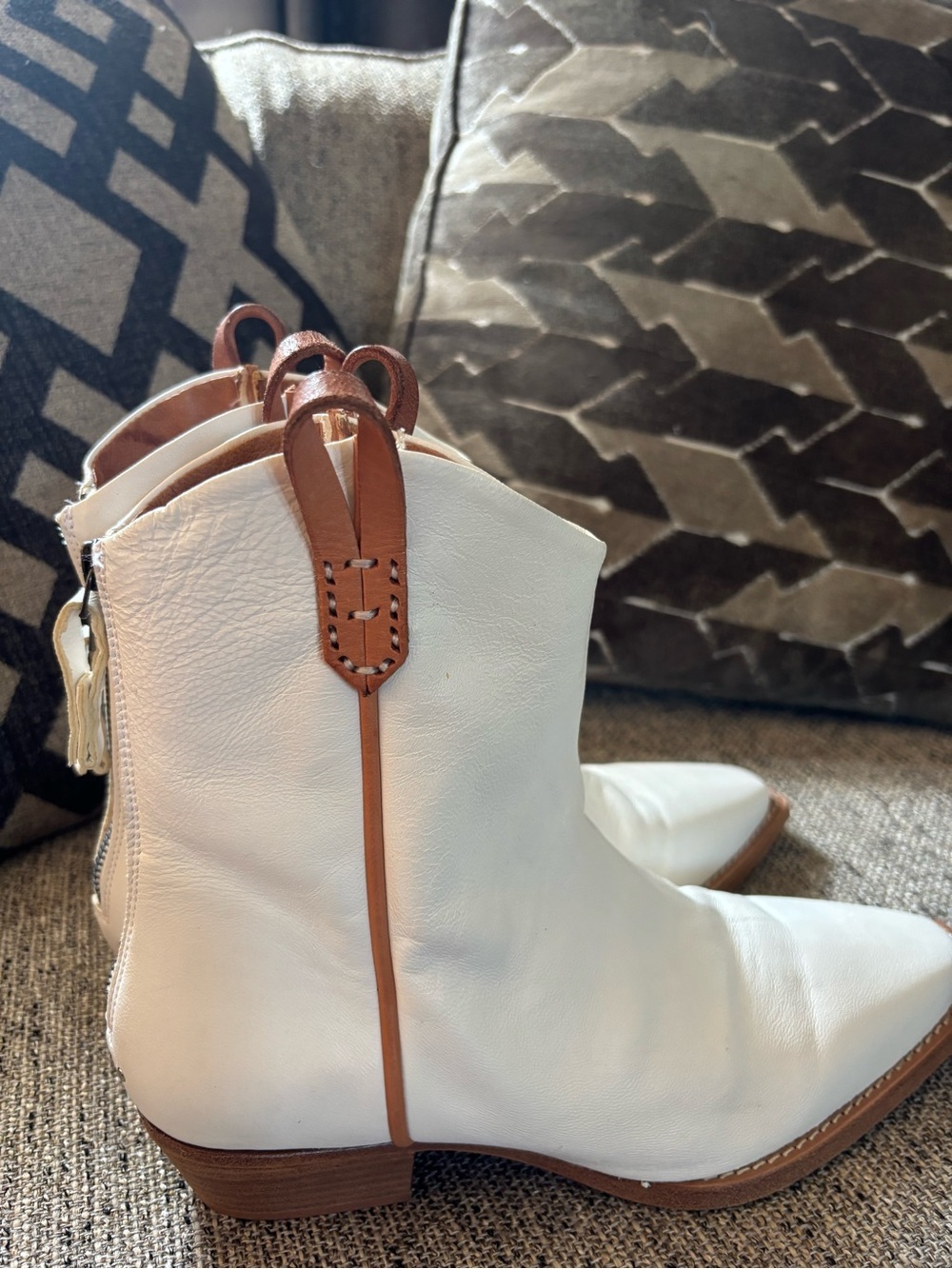 We The Free Cream Leather Western Ankle Boots with Tan Trim - Picture 6 of 14